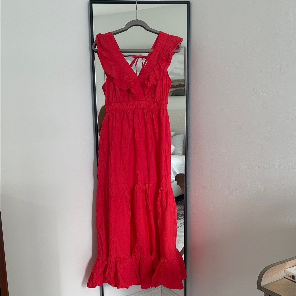 Anthropologie Vibrant Red Orange Maxi Dress with Ruffle Accents